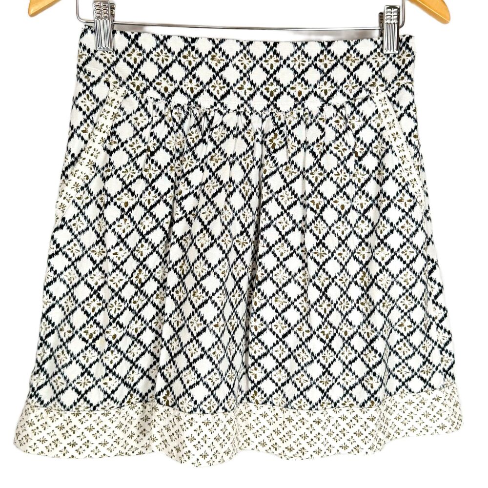 Ann Taylor Skirt Sz 0 Mini Linen Blend Geometric Mixed Prints White Black Olive - Picture 5 of 8